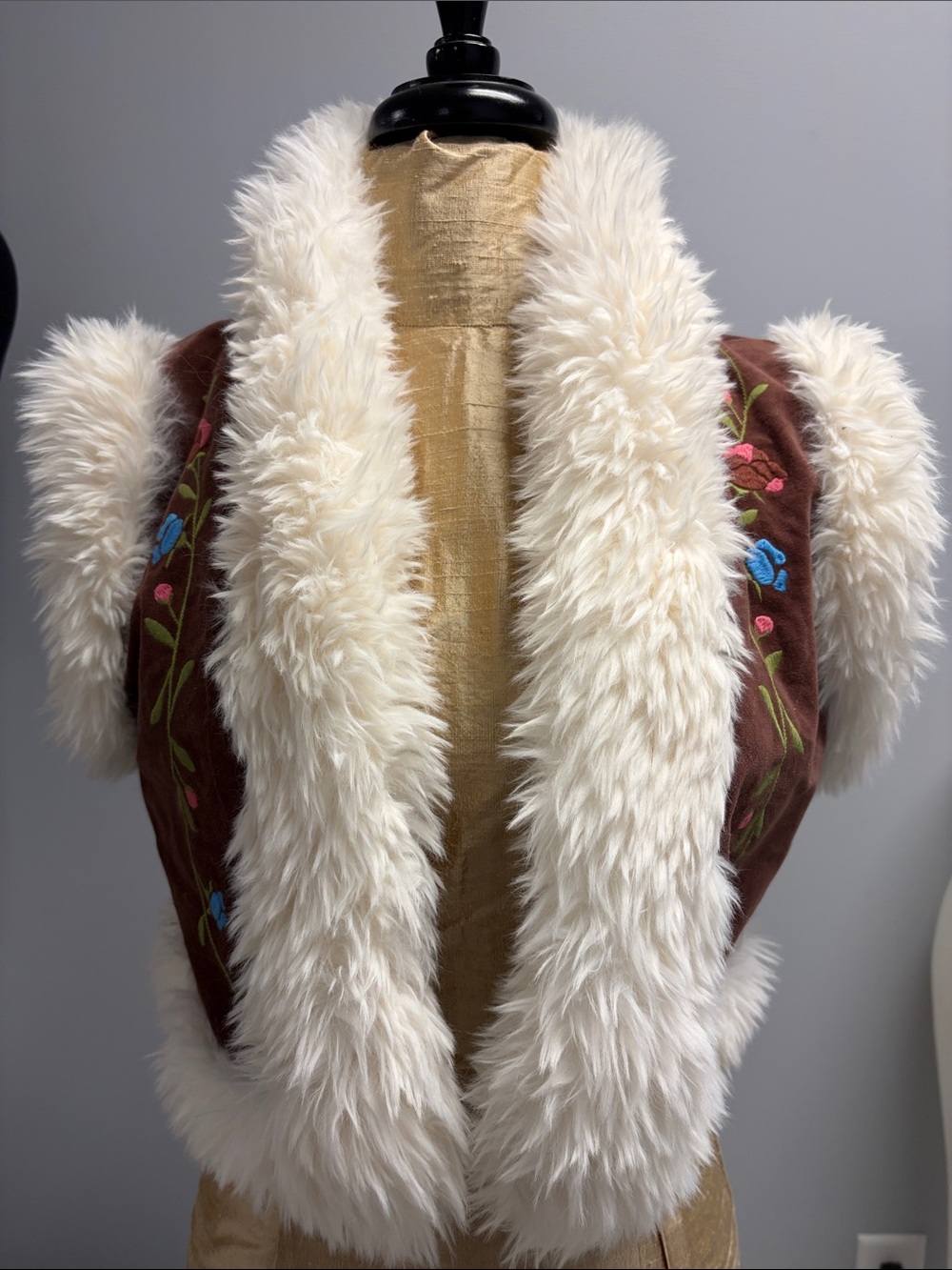 Urban Outfitters Brown Embroidered Vest with Cream Faux Fur Trim